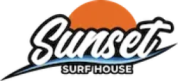 Logo for Sunset Surf House, a top surf school Taghazout, featuring the word Sunset in white script with a stylized orange sun above and a blue wave underneath. Surf House is written in white capital letters below.